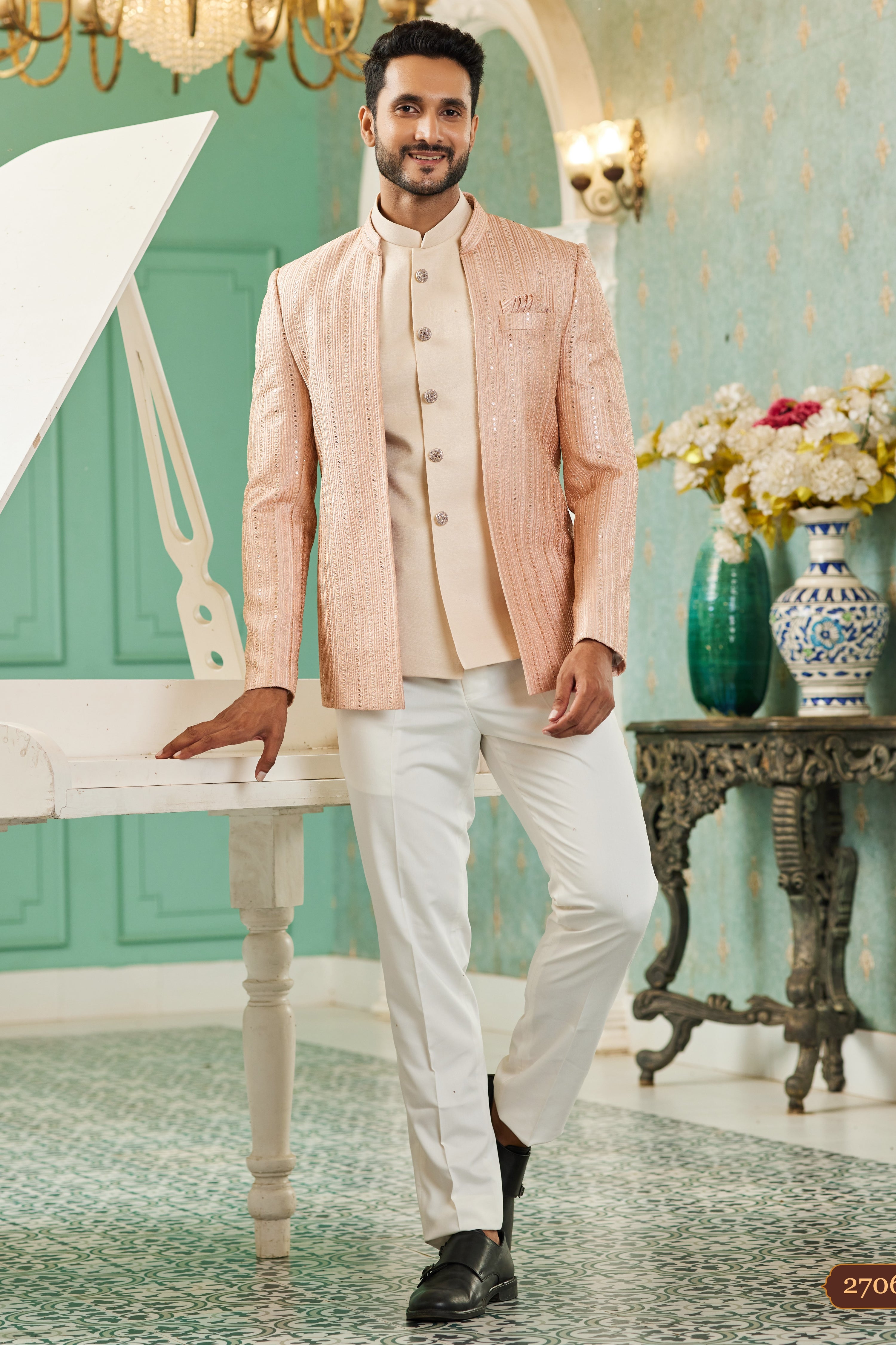 Peach Art Silk Traditional Jodhpuri Suits with Jacket & Pant for Men for Wedding - Thread Embroidery Work 42 Peach Art Silk Traditional Jodhpuri Suits with Jacket & Pant for Men for Wedding - Thread Embroidery Work 42