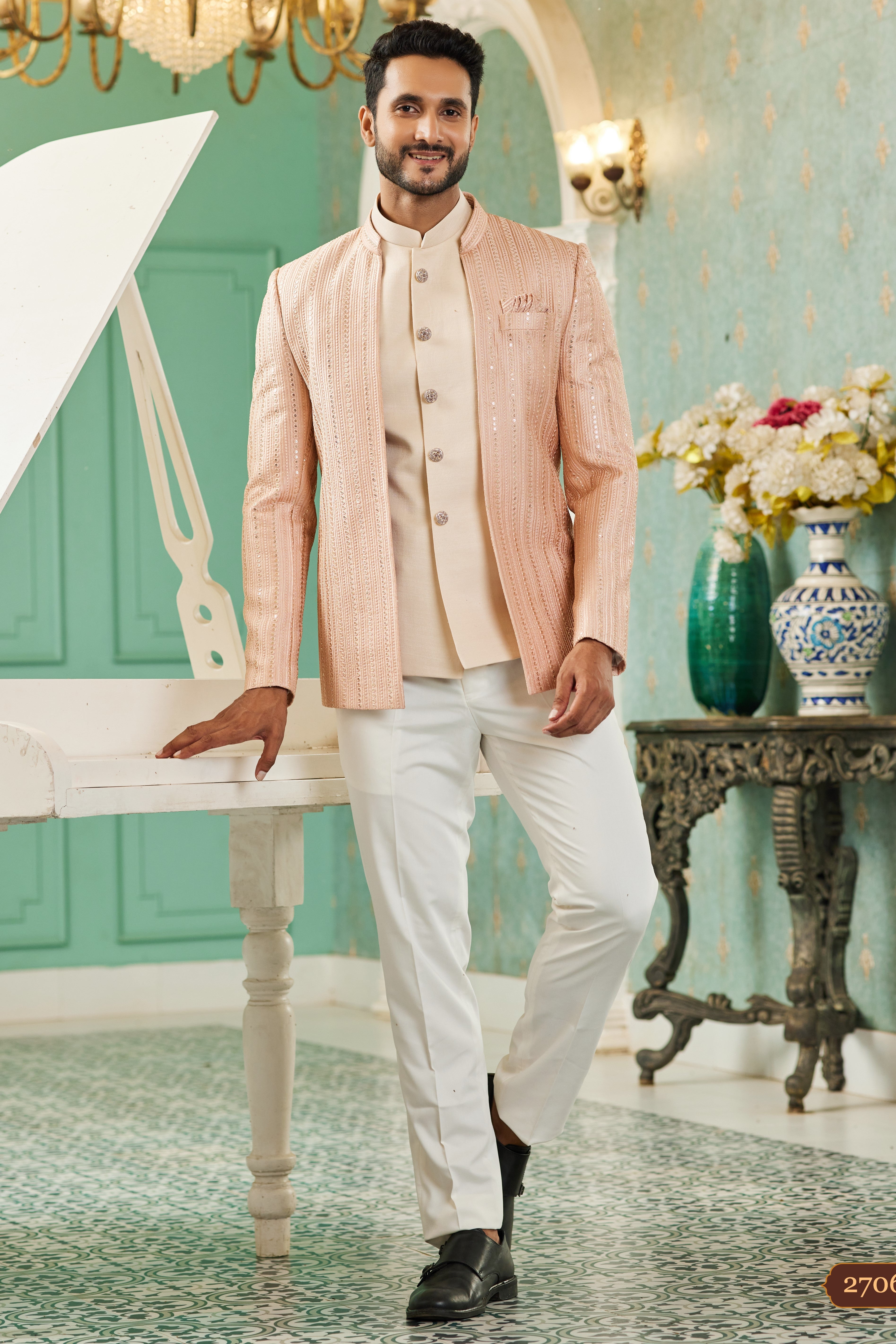 Peach Art Silk Traditional Jodhpuri Suits with Jacket & Pant for Men for Wedding - Thread Embroidery Work