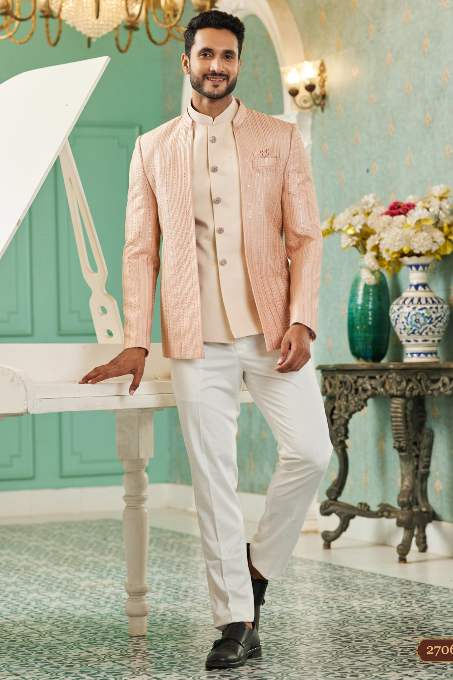Peach Art Silk Traditional Jodhpuri Suits with Jacket & Pant for Men for Wedding - Thread Embroidery Work