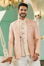 Peach Art Silk Traditional Jodhpuri Suits with Jacket & Pant for Men for Wedding - Thread Embroidery Work