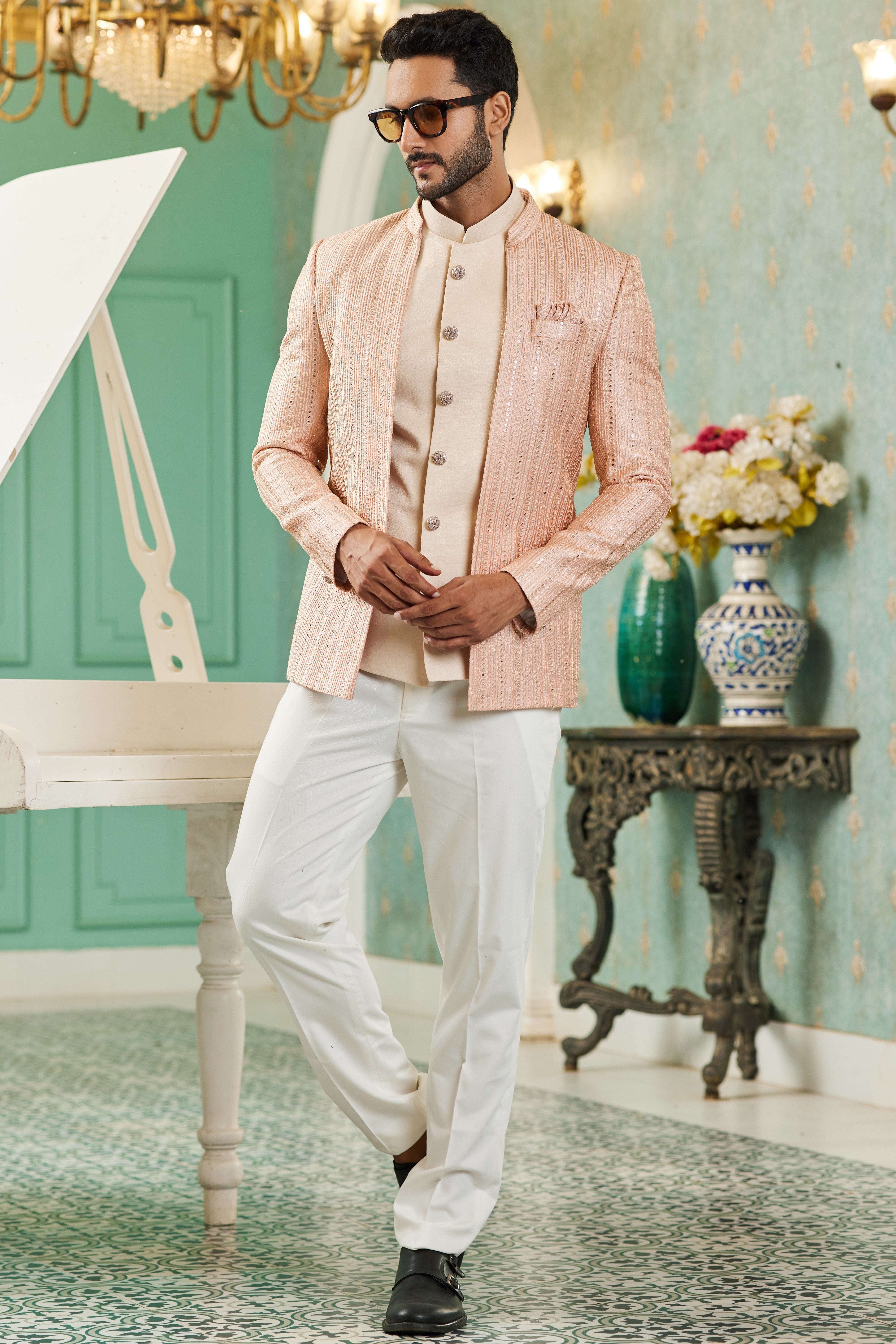 Peach Art Silk Traditional Jodhpuri Suits with Jacket & Pant for Men for Wedding - Thread Embroidery Work
