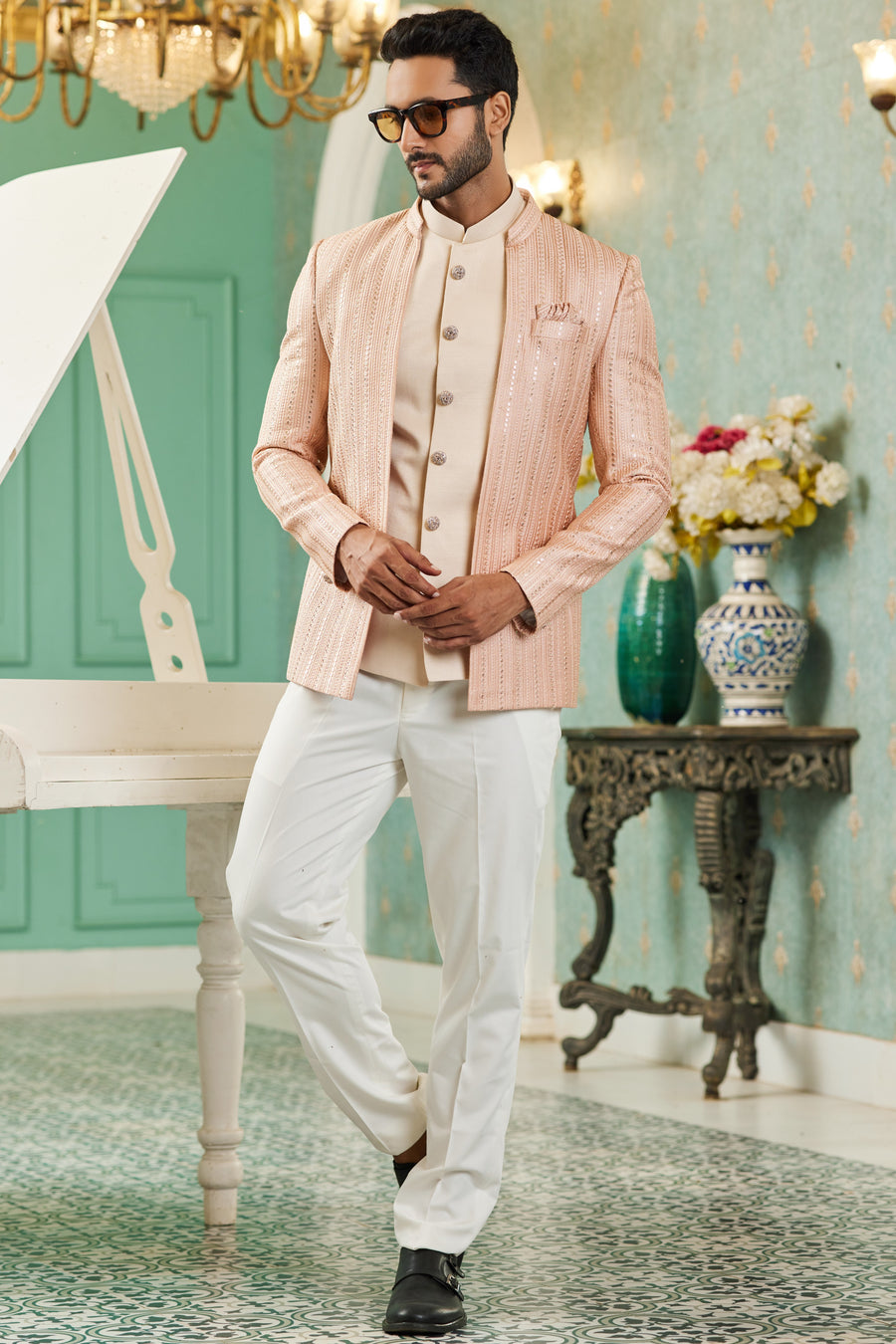 Peach Art Silk Traditional Jodhpuri Suits with Jacket & Pant for Men for Wedding - Thread Embroidery Work