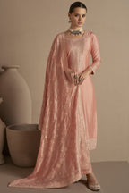 Peach Chinon Silk Plus Size Upto 5XL Size Kameez Pant Suit For Indian Festivals & Weddings - Thread Embroidery Work RTS