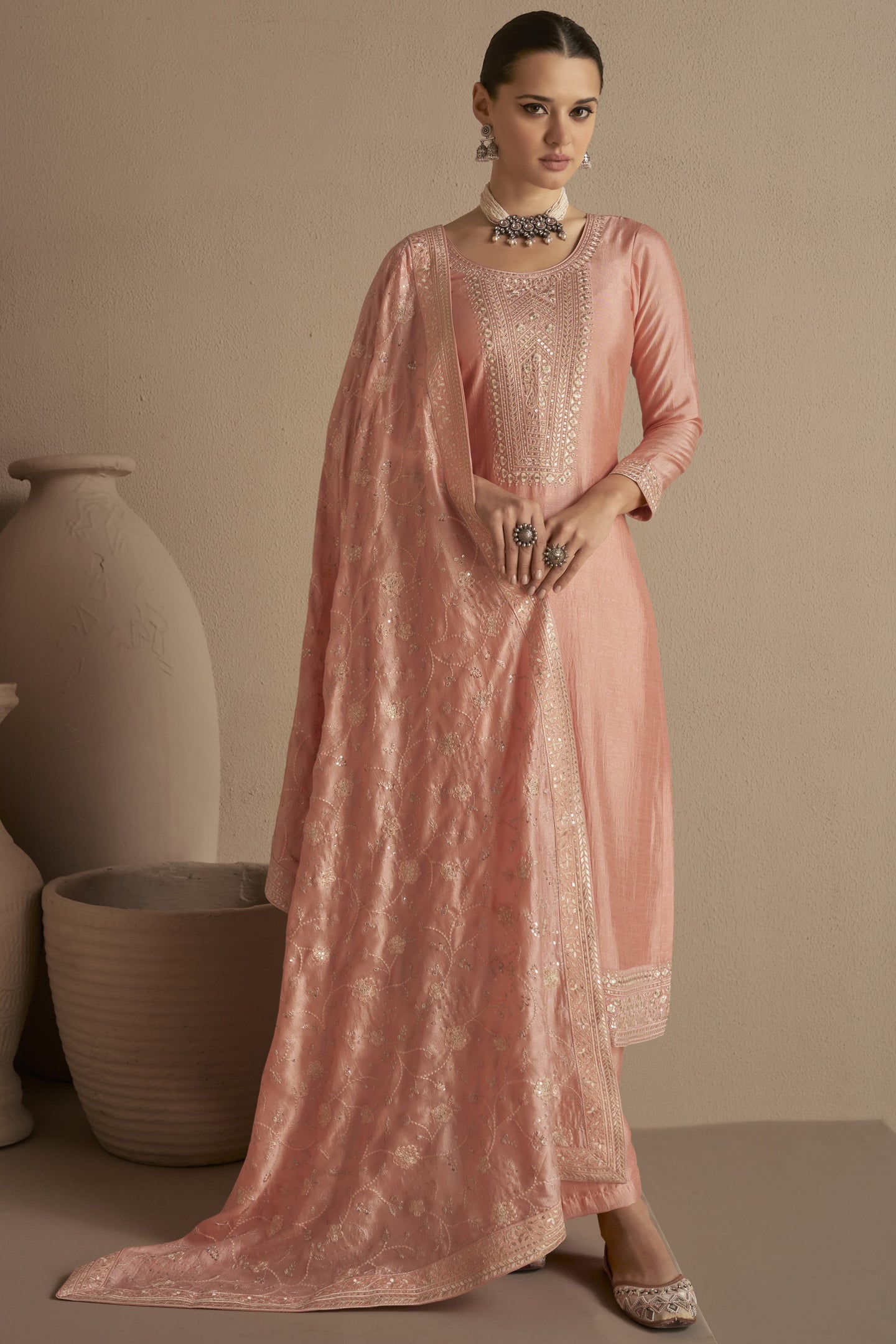 Peach Chinon Silk Plus Size Upto 5XL Size Kameez Pant Suit For Indian Festivals & Weddings - Thread Embroidery Work RTS