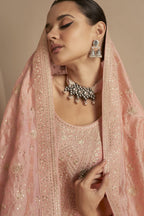 Peach Chinon Silk Plus Size Upto 5XL Size Kameez Pant Suit For Indian Festivals & Weddings - Thread Embroidery Work RTS