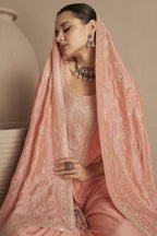 Peach Chinon Silk Plus Size Upto 5XL Size Kameez Pant Suit For Indian Festivals & Weddings - Thread Embroidery Work RTS