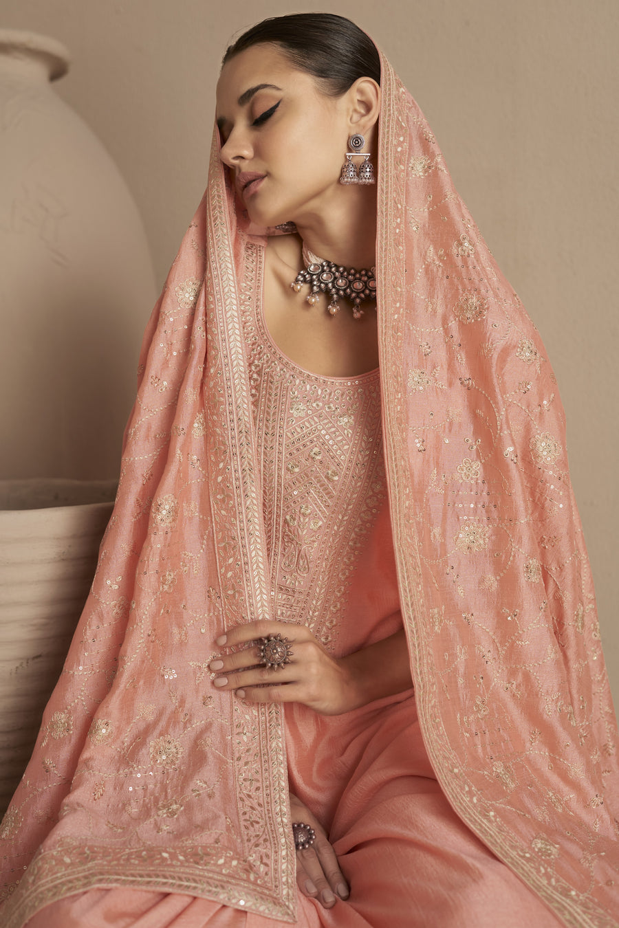 Peach Chinon Silk Plus Size Upto 5XL Size Kameez Pant Suit For Indian Festivals & Weddings - Thread Embroidery Work RTS