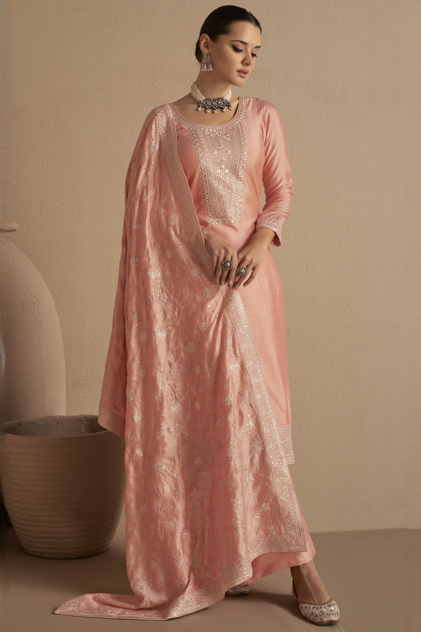 Peach Chinon Silk Plus Size Upto 5XL Size Kameez Pant Suit For Indian Festivals & Weddings - Thread Embroidery Work RTS