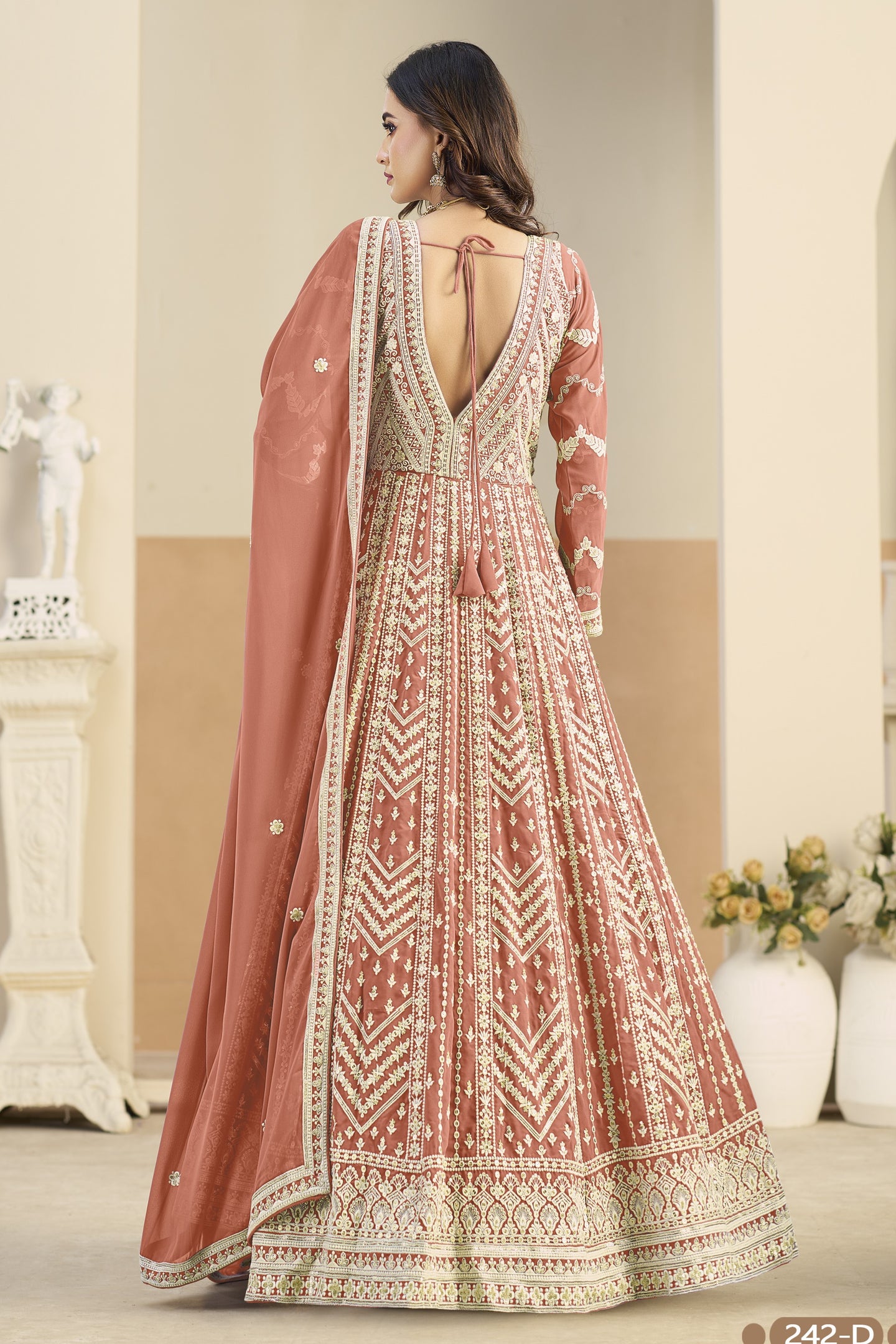 Peach Georgette Anarkali Dress for Sangeet with White Thread Work
