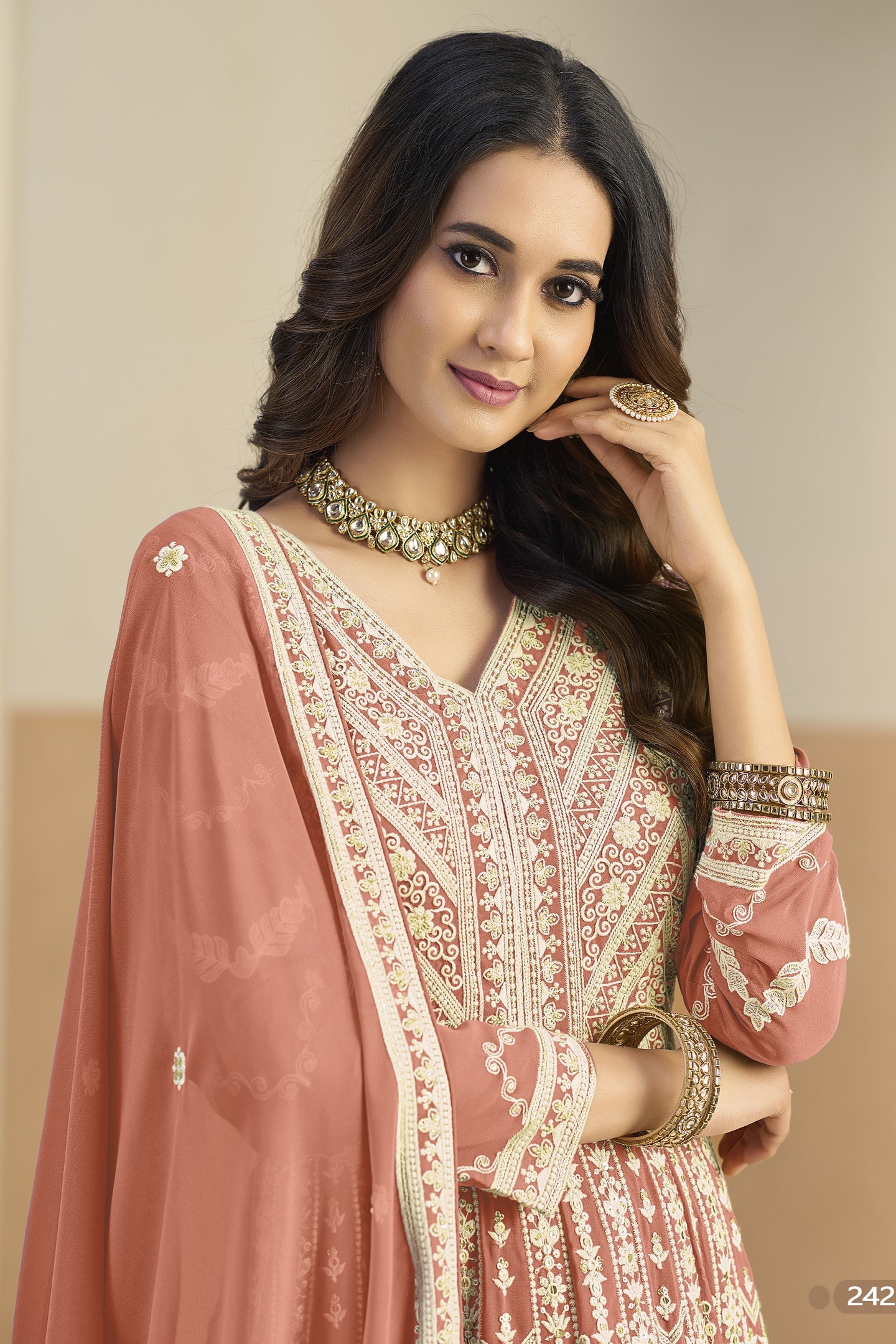 Peach Georgette Anarkali Dress for Sangeet with White Thread Work
