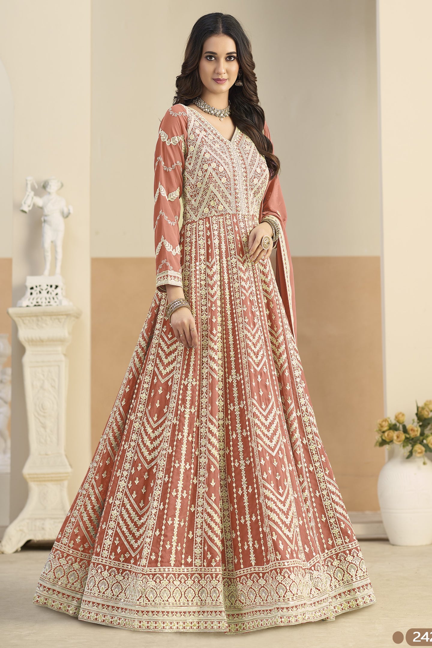 Peach Georgette Anarkali Dress for Sangeet with White Thread Work