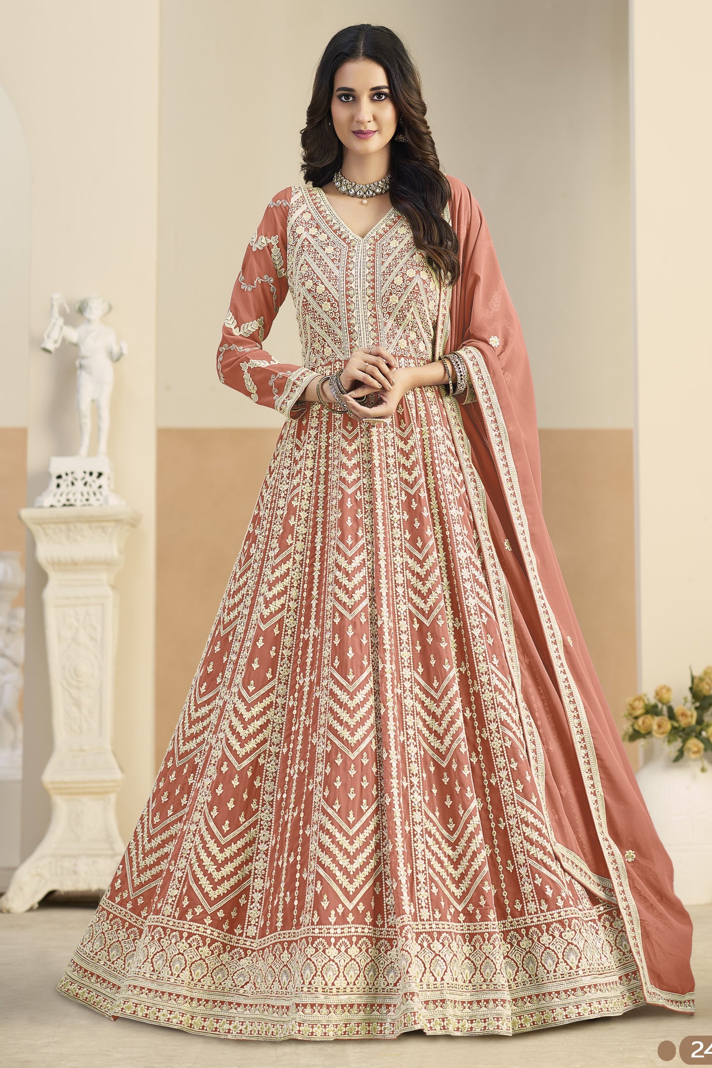 Peach Georgette Anarkali Dress for Sangeet with White Thread Work