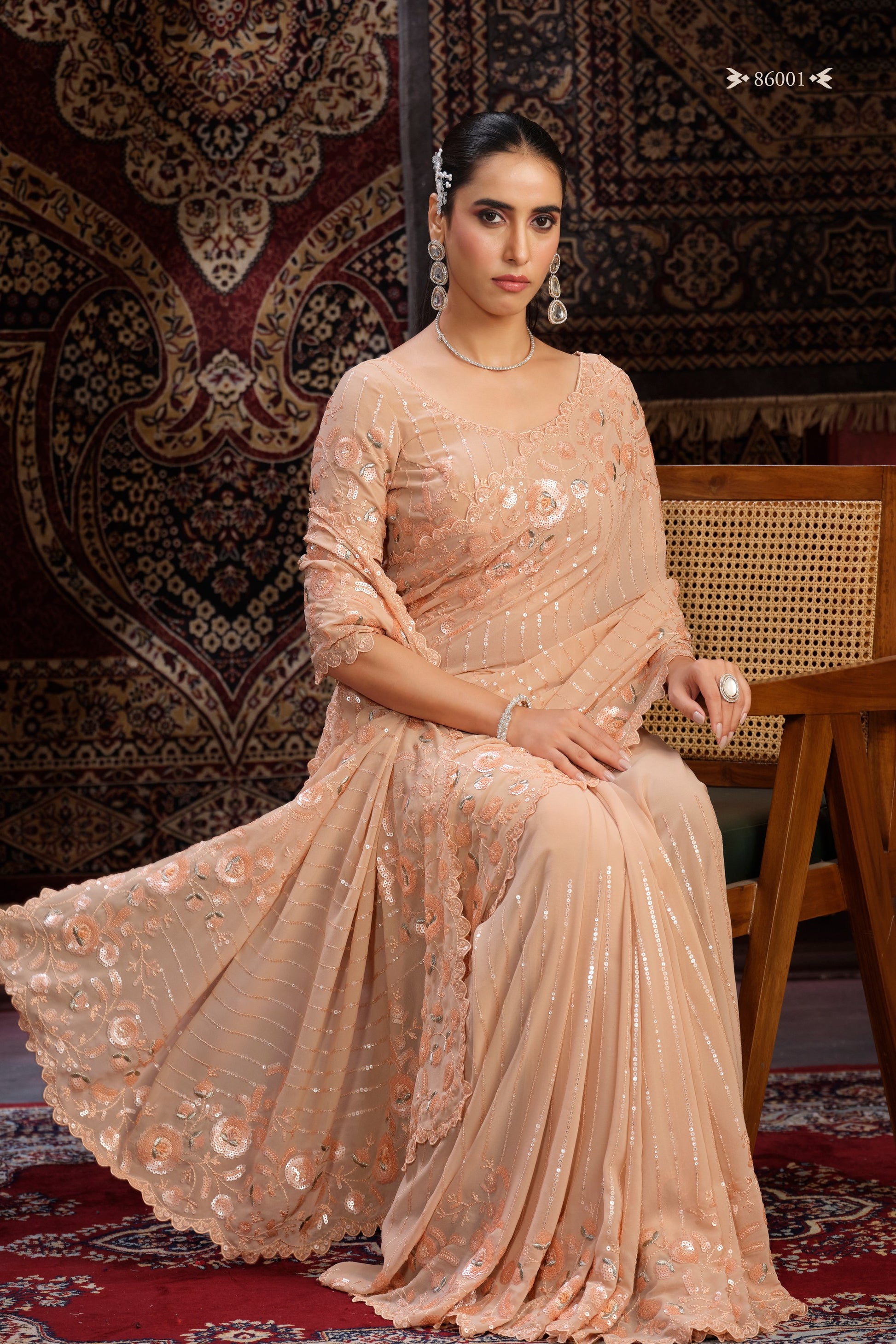 Peach Georgette Saree Sari For Indian Festival & Weddings - Sequence Embroidery Work, Thread Embroidery Work, Zari Work