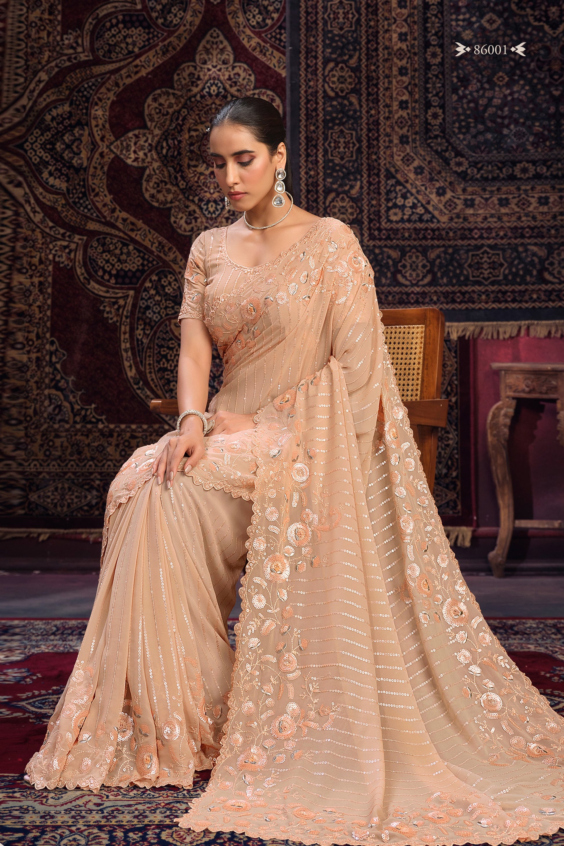 Peach Georgette Saree Sari For Indian Festival & Weddings - Sequence Embroidery Work, Thread Embroidery Work, Zari Work