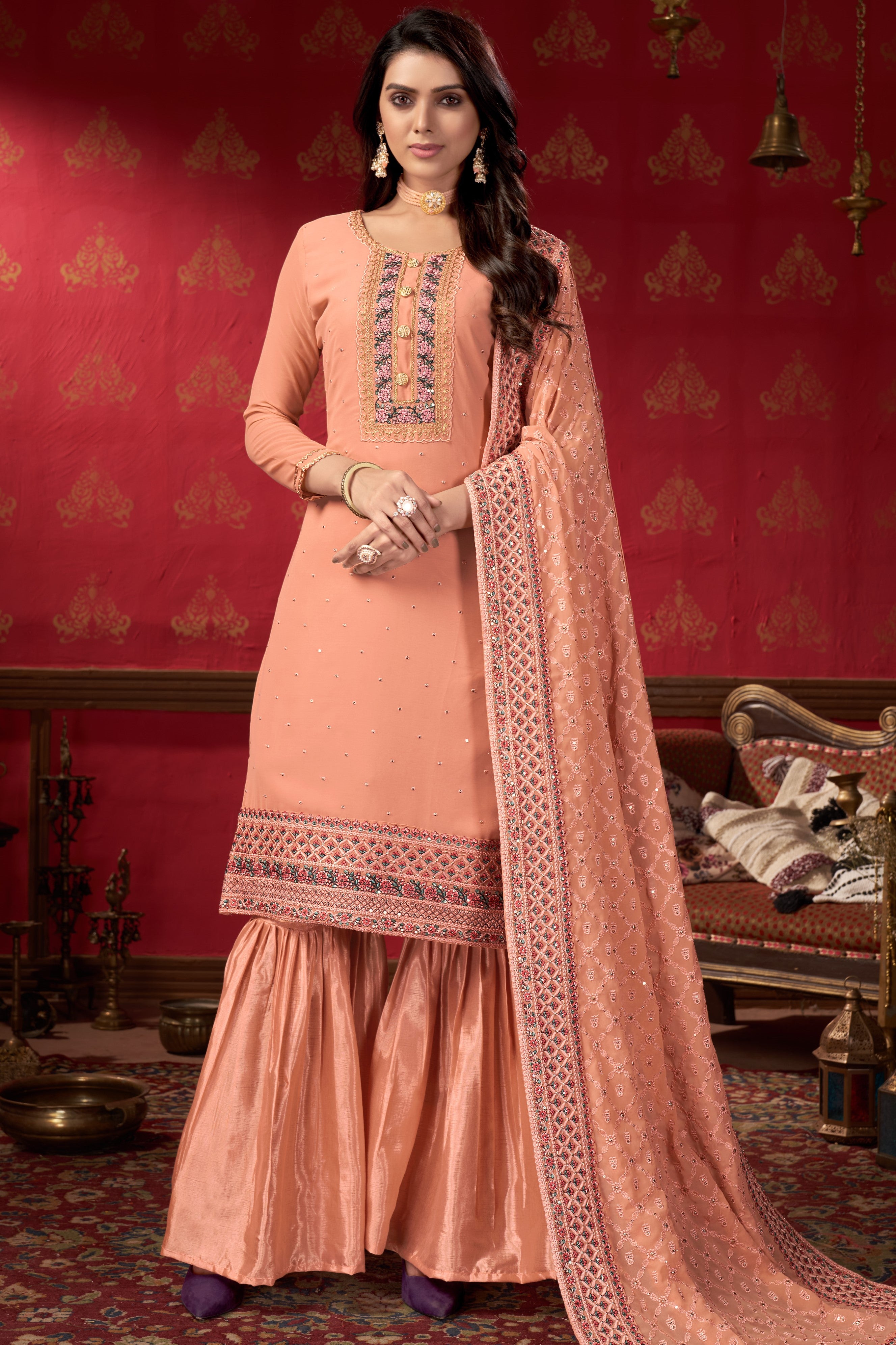 Peach Georgette Sharara For Indian Festivals & Pakistani Weddings -Embroidery Work