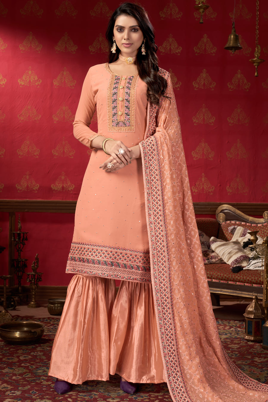 Peach Georgette Sharara For Indian Festivals & Pakistani Weddings -Embroidery Work