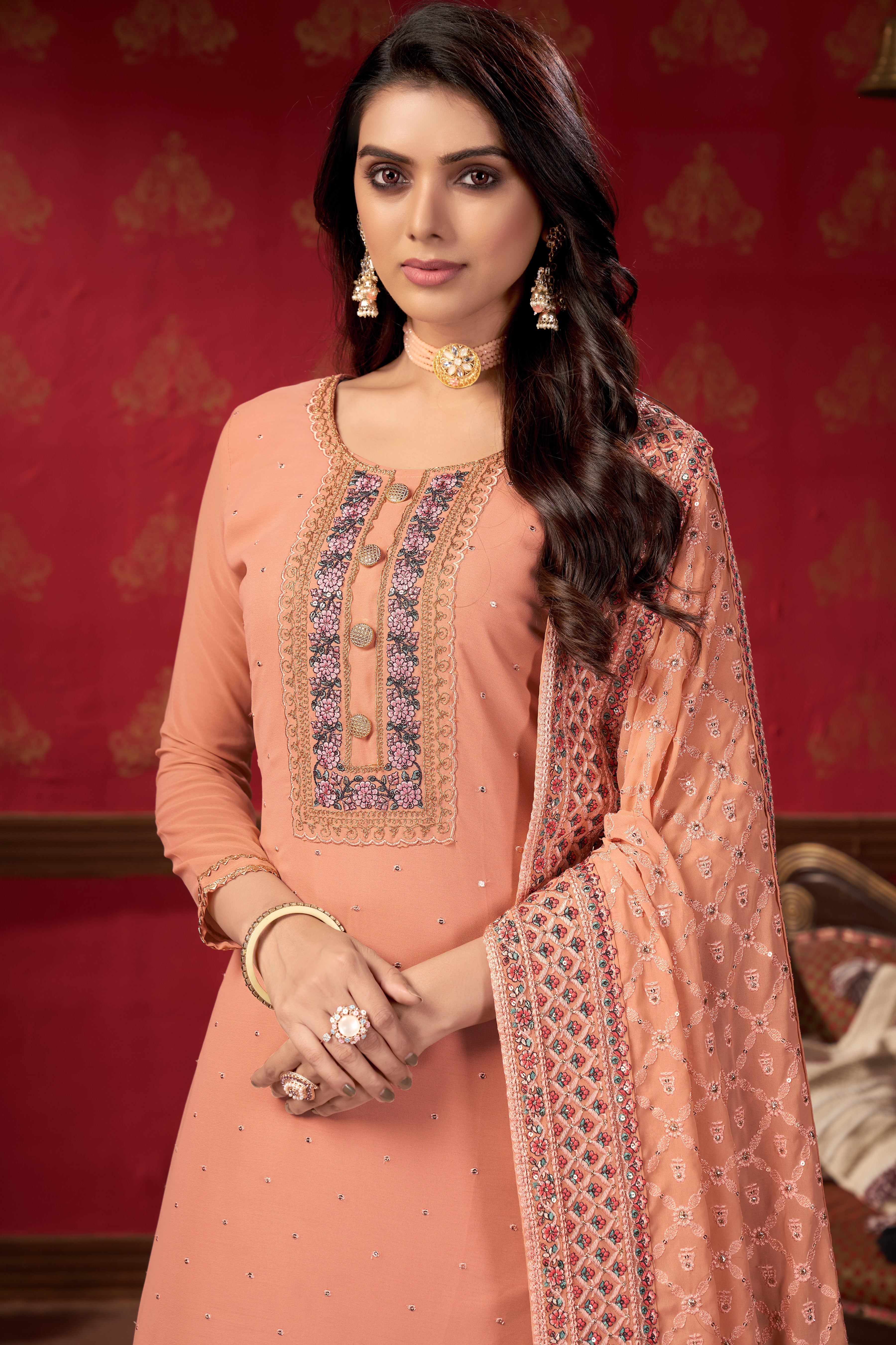Peach Georgette Sharara For Indian Festivals & Pakistani Weddings -Embroidery Work