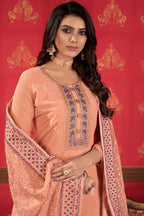 Peach Georgette Sharara For Indian Festivals & Pakistani Weddings -Embroidery Work