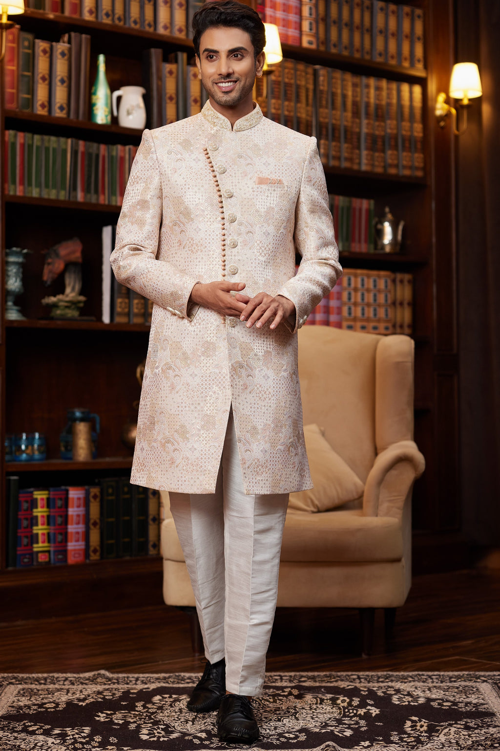 Peach Jacquard Silk Indo Western Traditional Sherwani Long Kurta & Pant for Men for Wedding - Embroidery Work
