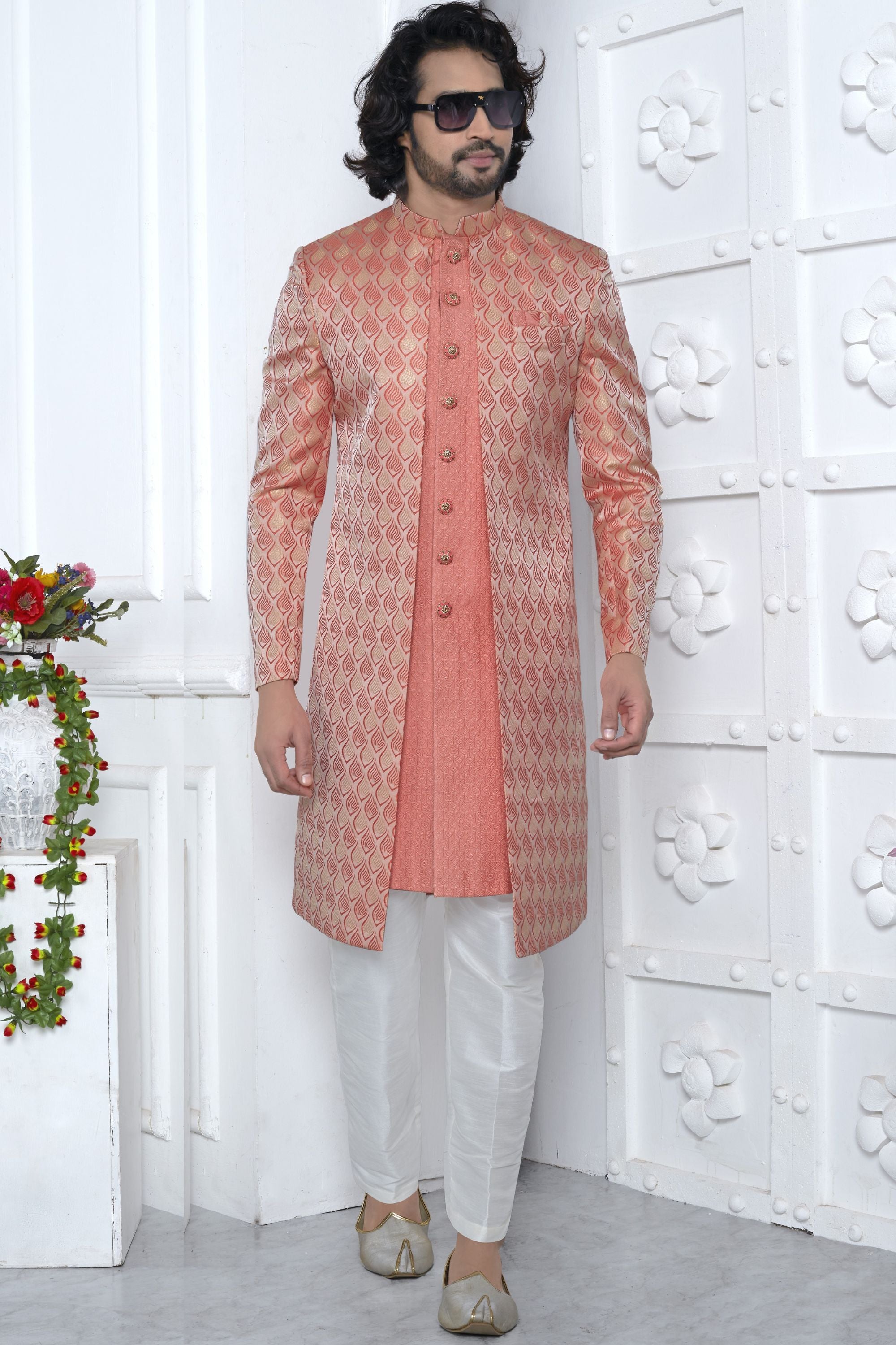 Peach Jacquard Silk Indowestern Suit Long Kurta with Jacket & Pant for Men for Wedding - Jacquard Work