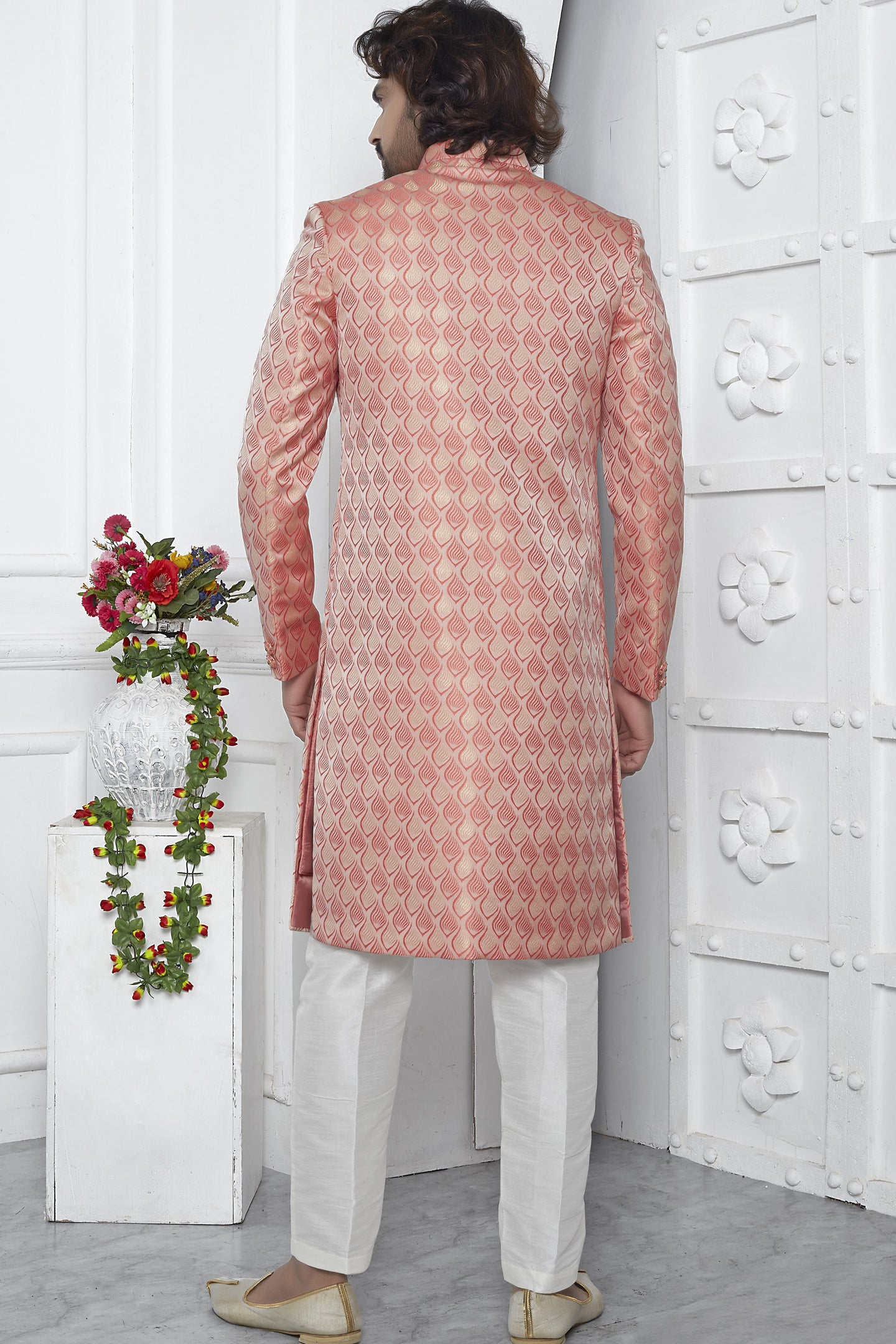 Peach Jacquard Silk Indowestern Suit Long Kurta with Jacket & Pant for Men for Wedding - Jacquard Work