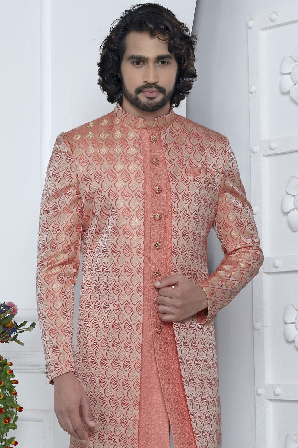 Peach Jacquard Silk Indowestern Suit Long Kurta with Jacket & Pant for Men for Wedding - Jacquard Work
