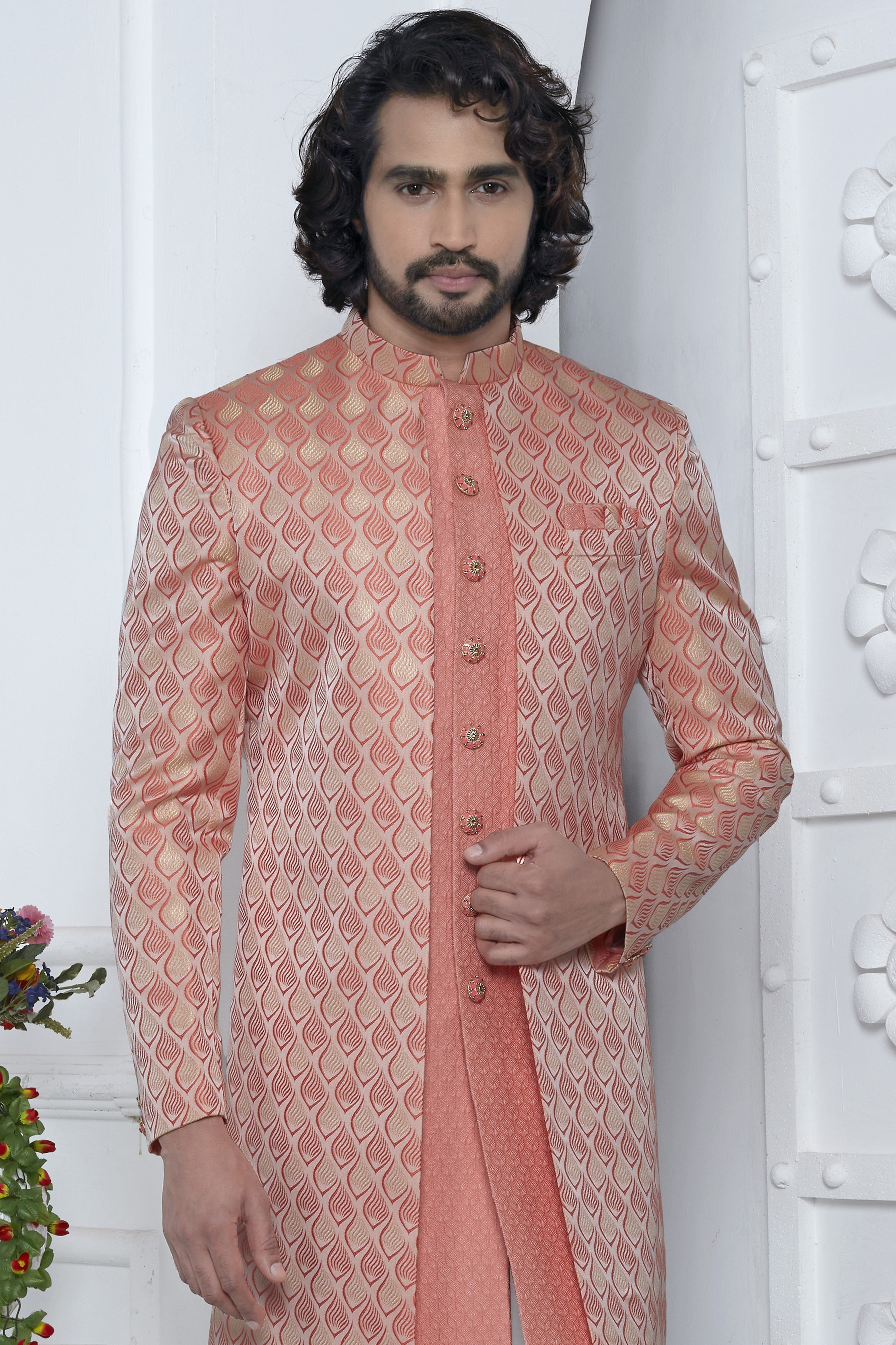 Peach Jacquard Silk Indowestern Suit Long Kurta with Jacket & Pant for Men for Wedding - Jacquard Work