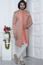 Peach Jacquard Silk Indowestern Suit Long Kurta with Jacket & Pant for Men for Wedding - Jacquard Work