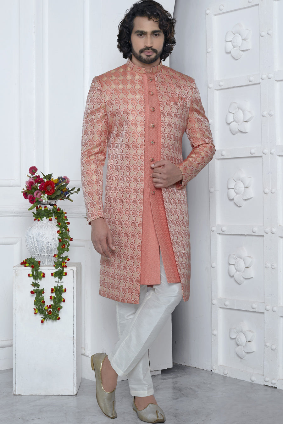 Peach Jacquard Silk Indowestern Suit Long Kurta with Jacket & Pant for Men for Wedding - Jacquard Work