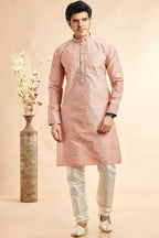 Peach Jacquard Silk Plain Straight Kurta Pajama for Men for Festival & Weddings - Embroidery Work