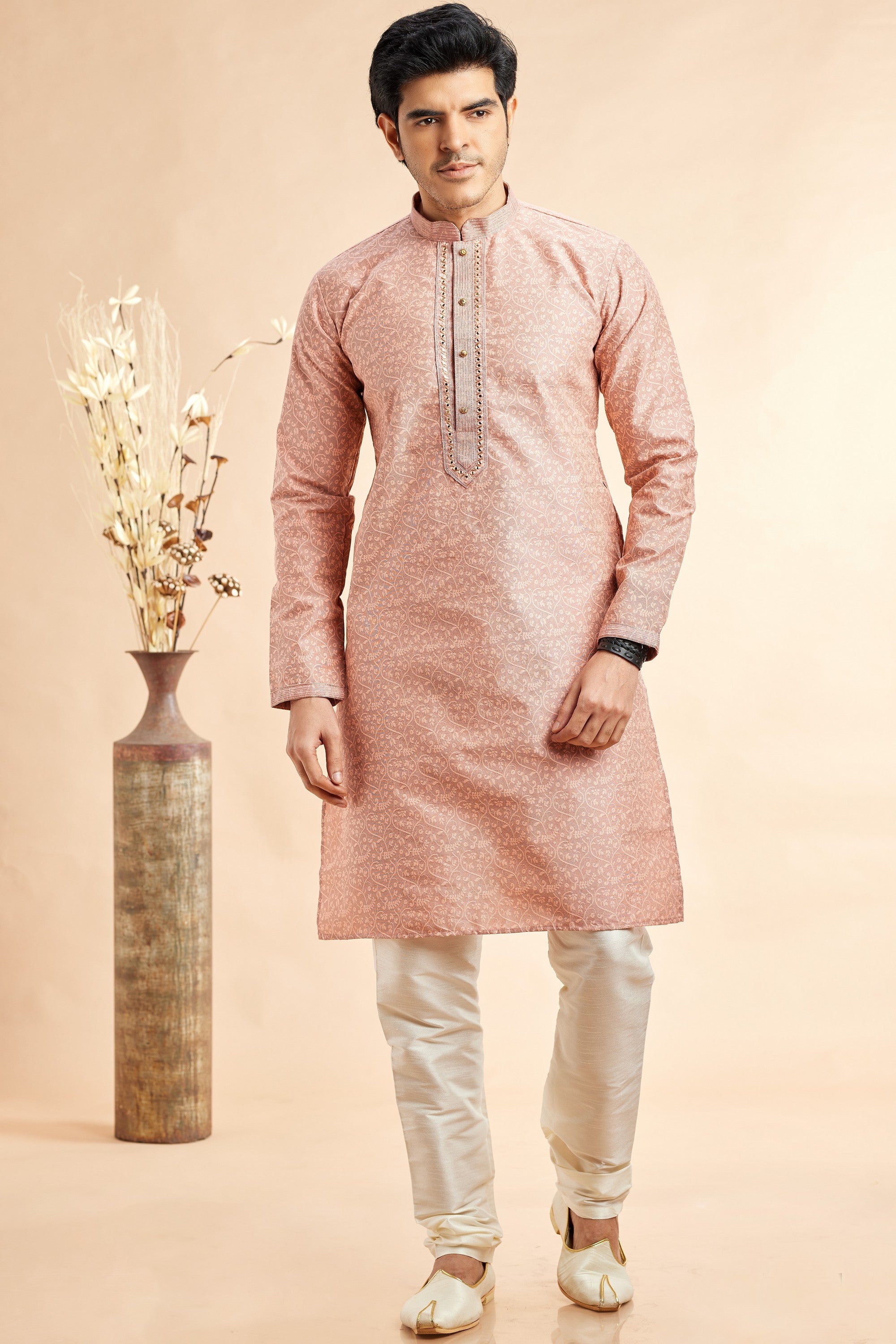 Peach Jacquard Silk Plain Straight Kurta Pajama for Men for Festival & Weddings - Embroidery Work