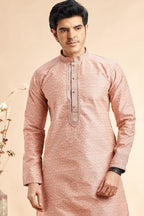 Peach Jacquard Silk Plain Straight Kurta Pajama for Men for Festival & Weddings - Embroidery Work