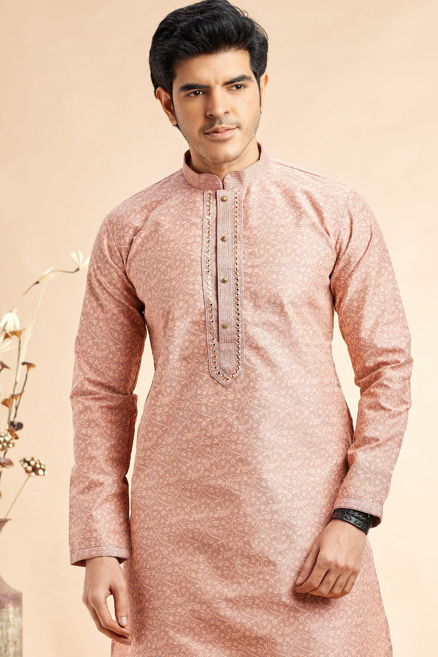 Peach Jacquard Silk Plain Straight Kurta Pajama for Men for Festival & Weddings - Embroidery Work