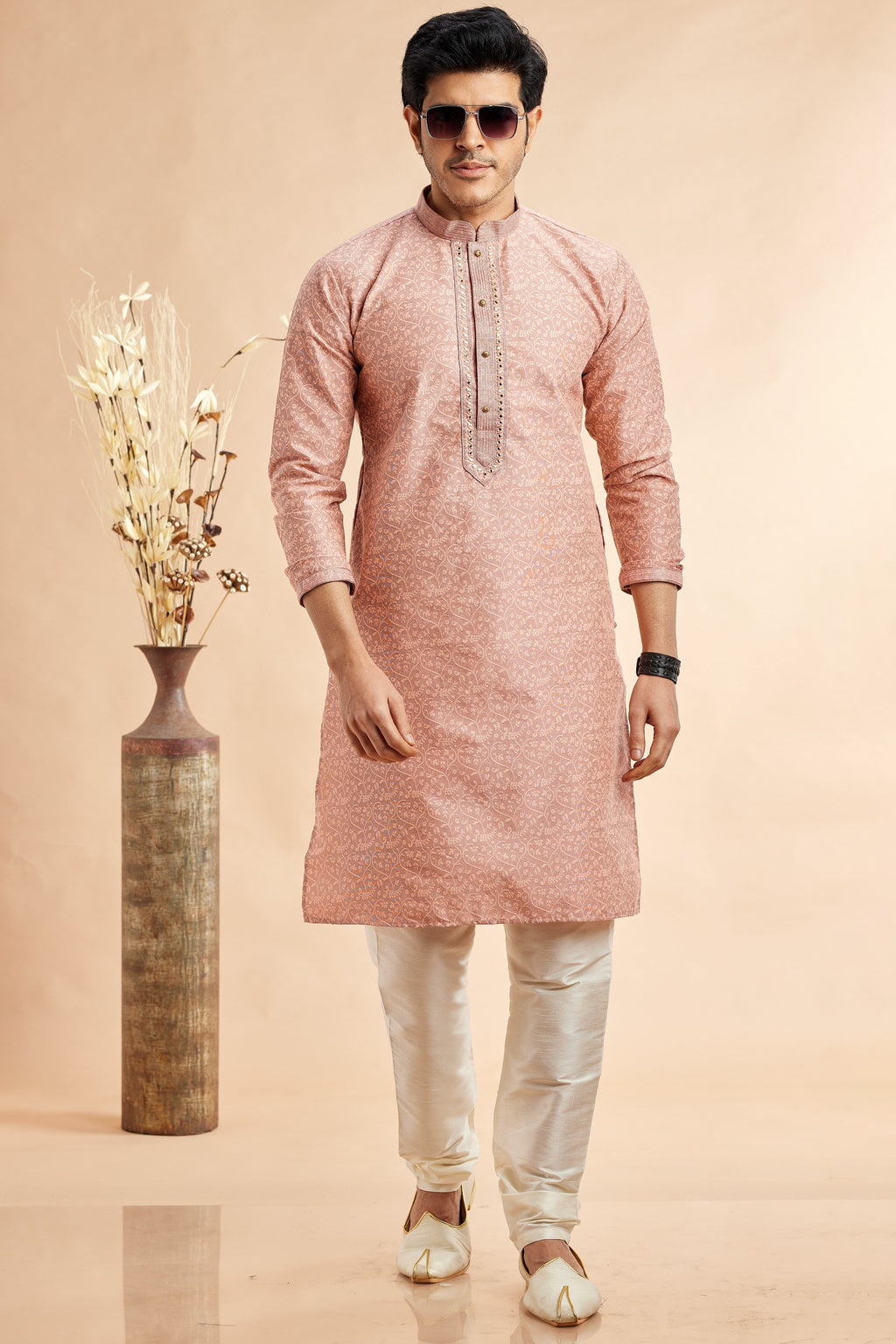 Peach Jacquard Silk Plain Straight Kurta Pajama for Men for Festival & Weddings - Embroidery Work