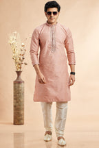Peach Jacquard Silk Plain Straight Kurta Pajama for Men for Festival & Weddings - Embroidery Work