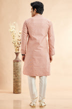 Peach Jacquard Silk Plain Straight Kurta Pajama for Men for Festival & Weddings - Embroidery Work