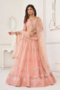 Peach Net Embroidered Lehenga Choli For Indian Festival & Weddings - Embroidery Work