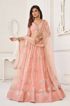 Peach Net Embroidered Lehenga Choli For Indian Festival & Weddings - Embroidery Work