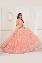 Peach Net Embroidered Lehenga Choli For Indian Festival & Weddings - Embroidery Work
