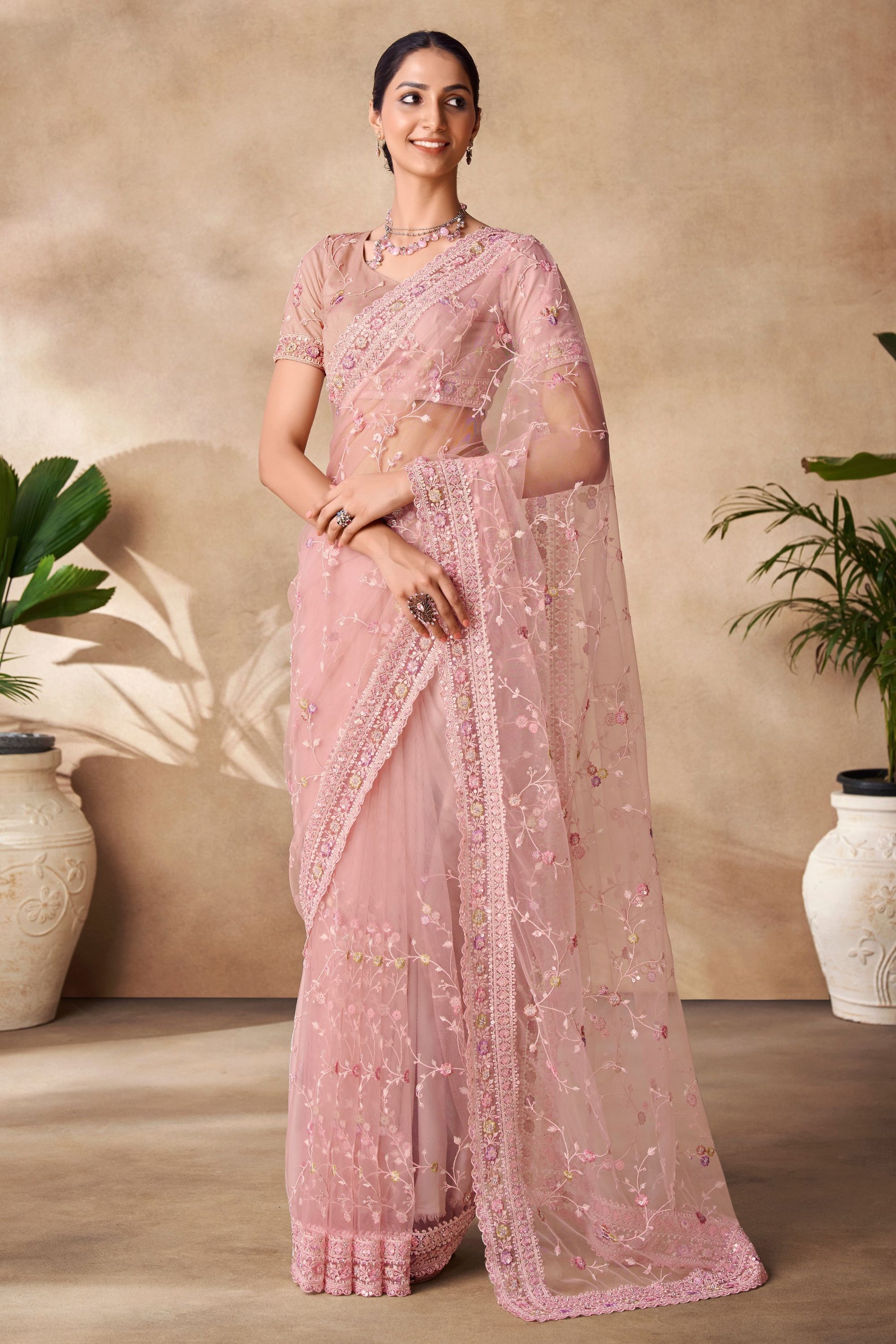 Peach Net Indian Saree with Blouse for Festival & Weddings - Sequence Embroidery Work, Thread Embroidery Work, Zarkan Work