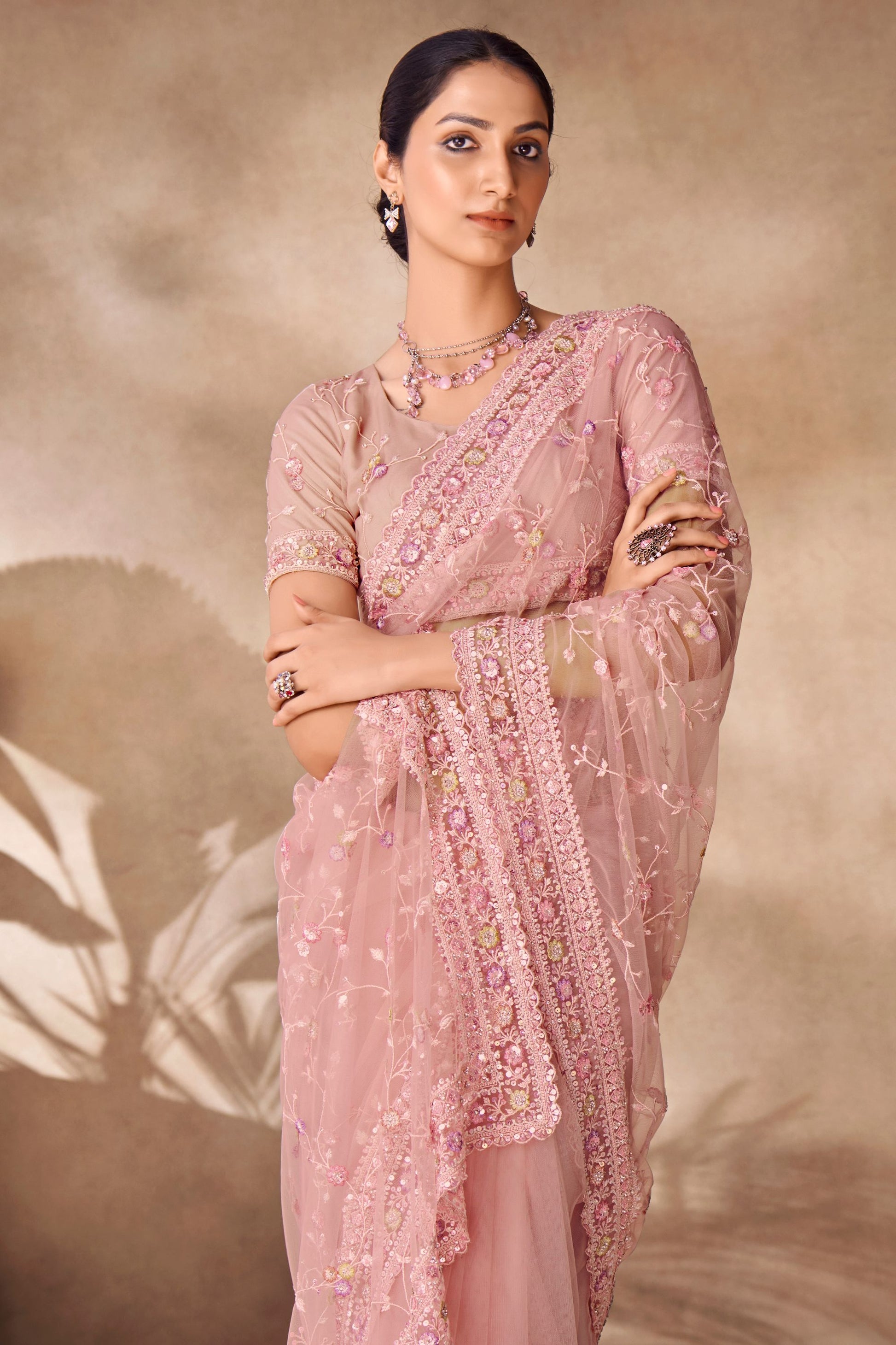 Peach Net Indian Saree with Blouse for Festival & Weddings - Sequence Embroidery Work, Thread Embroidery Work, Zarkan Work