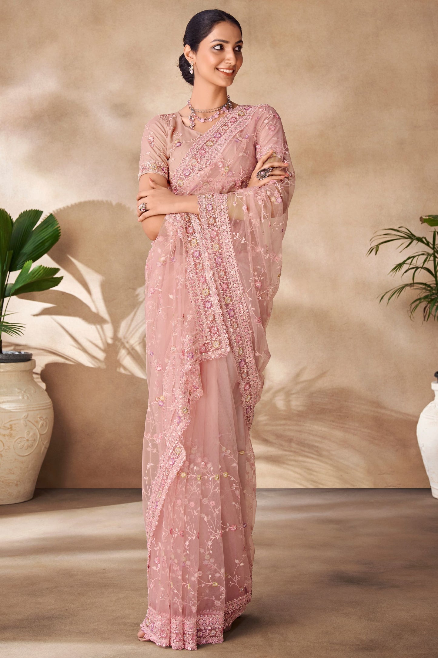 Peach Net Indian Saree with Blouse for Festival & Weddings - Sequence Embroidery Work, Thread Embroidery Work, Zarkan Work