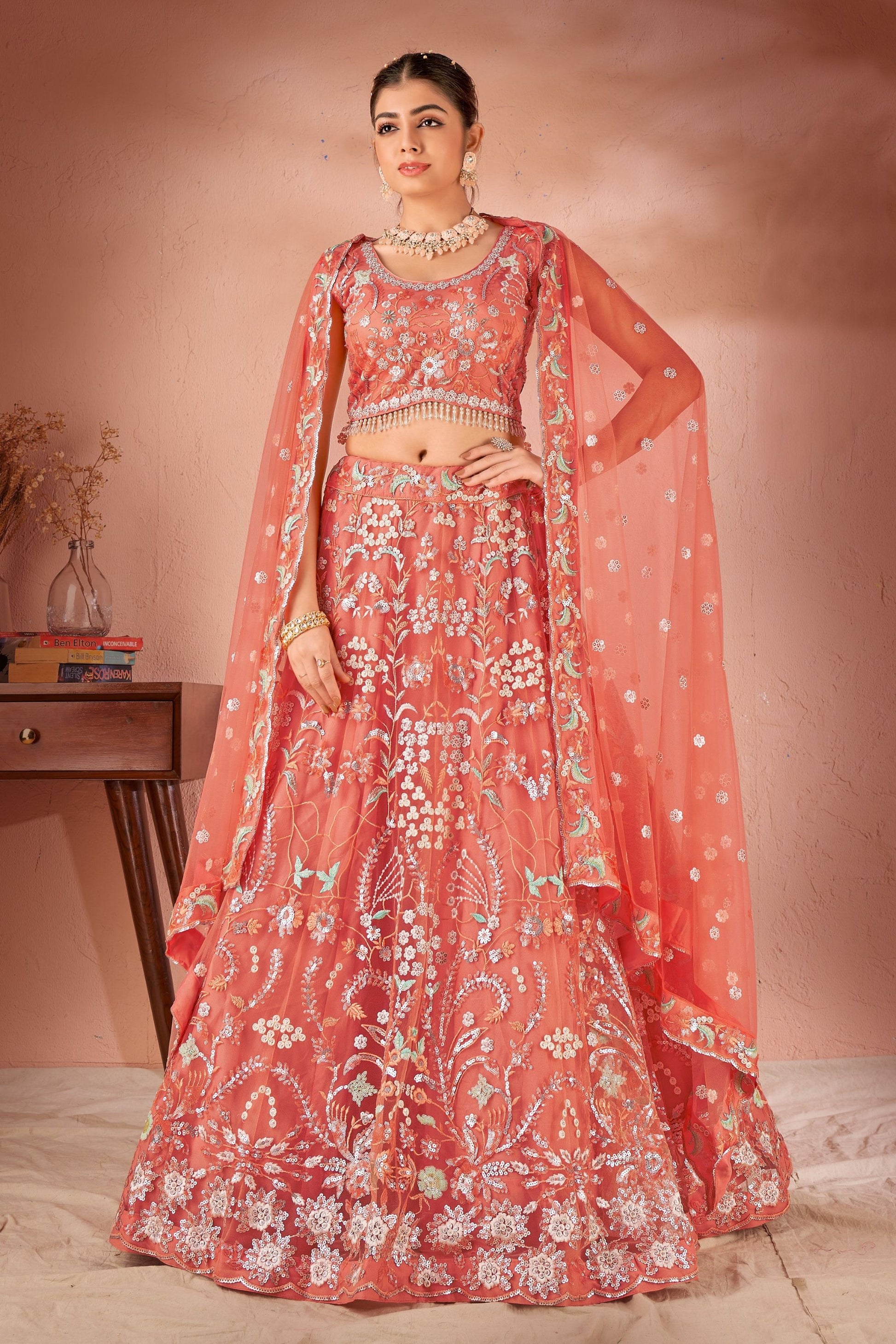 Peach Net Lehenga Choli For Indian Festivals & Weddings - Thread Embroidery Work, Sequence Embroidery Work