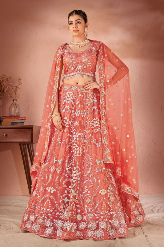 Peach Net Lehenga Choli For Indian Festivals & Weddings - Thread Embroidery Work, Sequence Embroidery Work