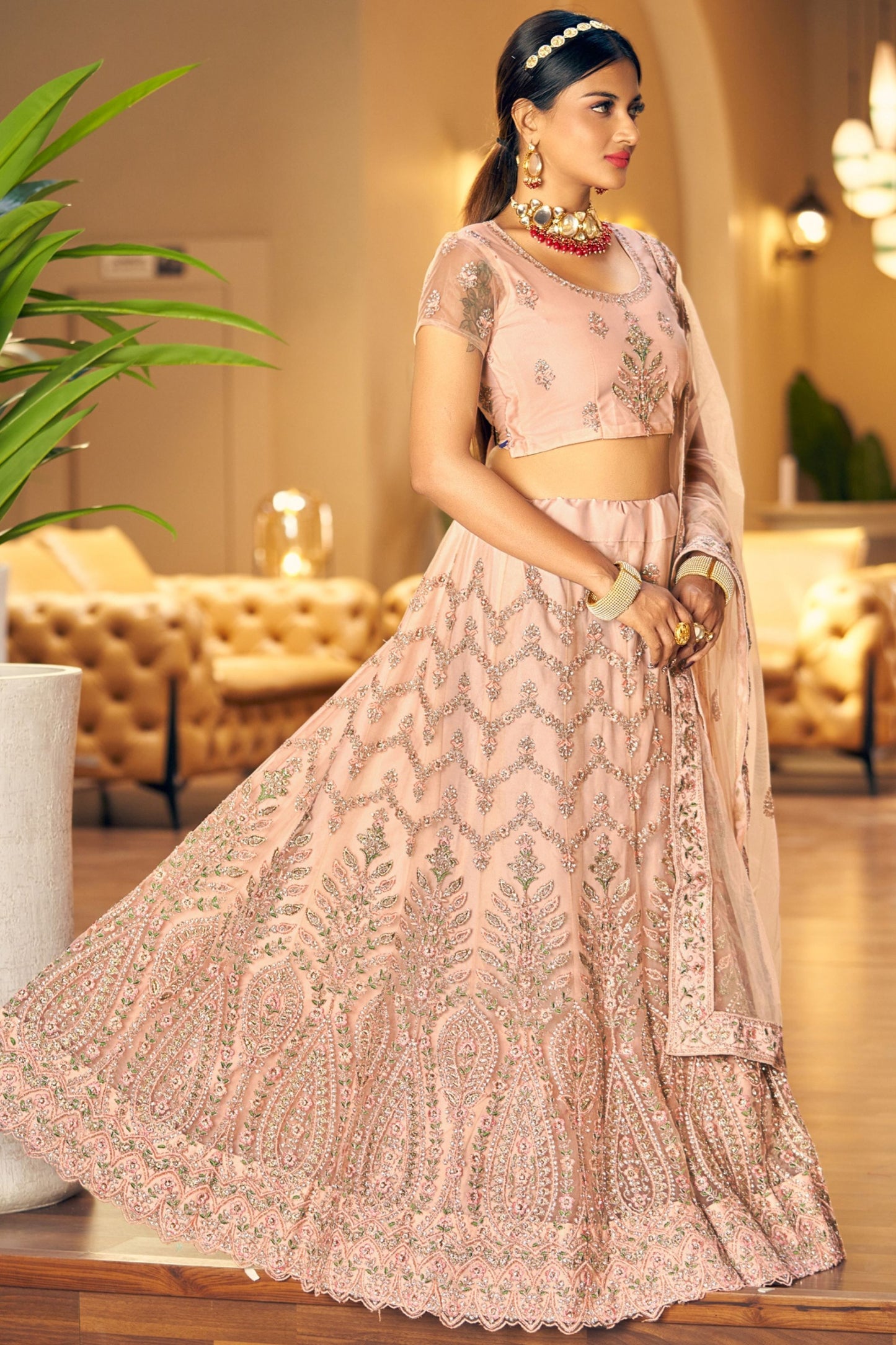 Peach Pakistani Net Lehenga Choli For Indian Festivals & Weddings - Thread Embroidery Work, Mirror Work