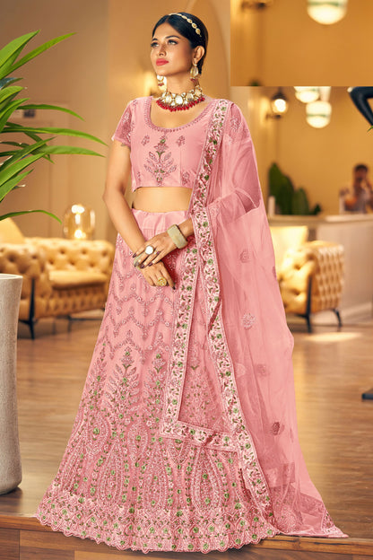 Peach Pakistani Net Lehenga Choli For Indian Festivals & Weddings - Thread Embroidery Work, Mirror Work