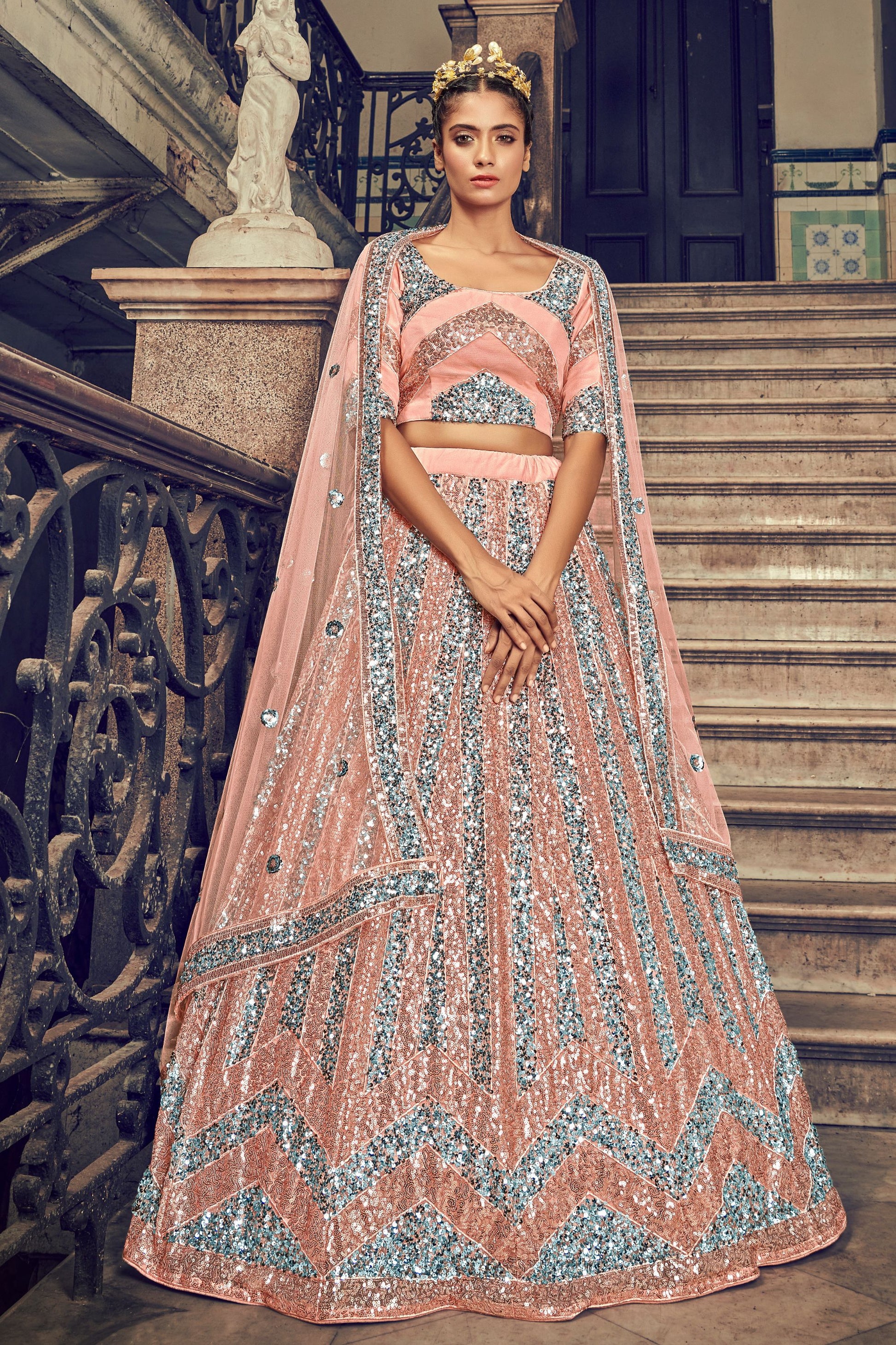 Peach Pakistani Net Lehenga Choli For Indian Festivals & Weddings - Sequence Embroidery Work,