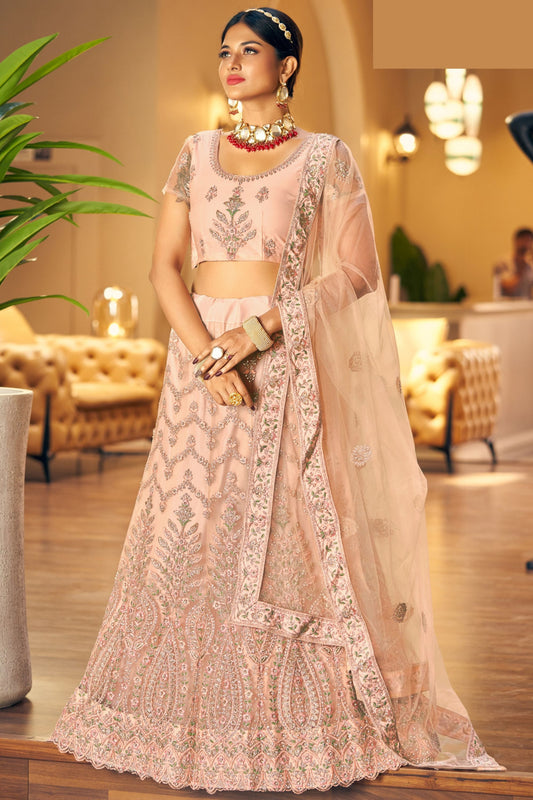 Peach Pakistani Net Lehenga Choli For Indian Festivals & Weddings - Thread Embroidery Work, Mirror Work