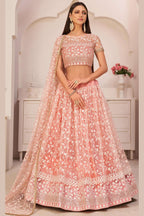 Peach Net Lehenga Choli For Indian & Pakistani Wedding Festival - Thread & Sequins Embroidery Work, Zari Work