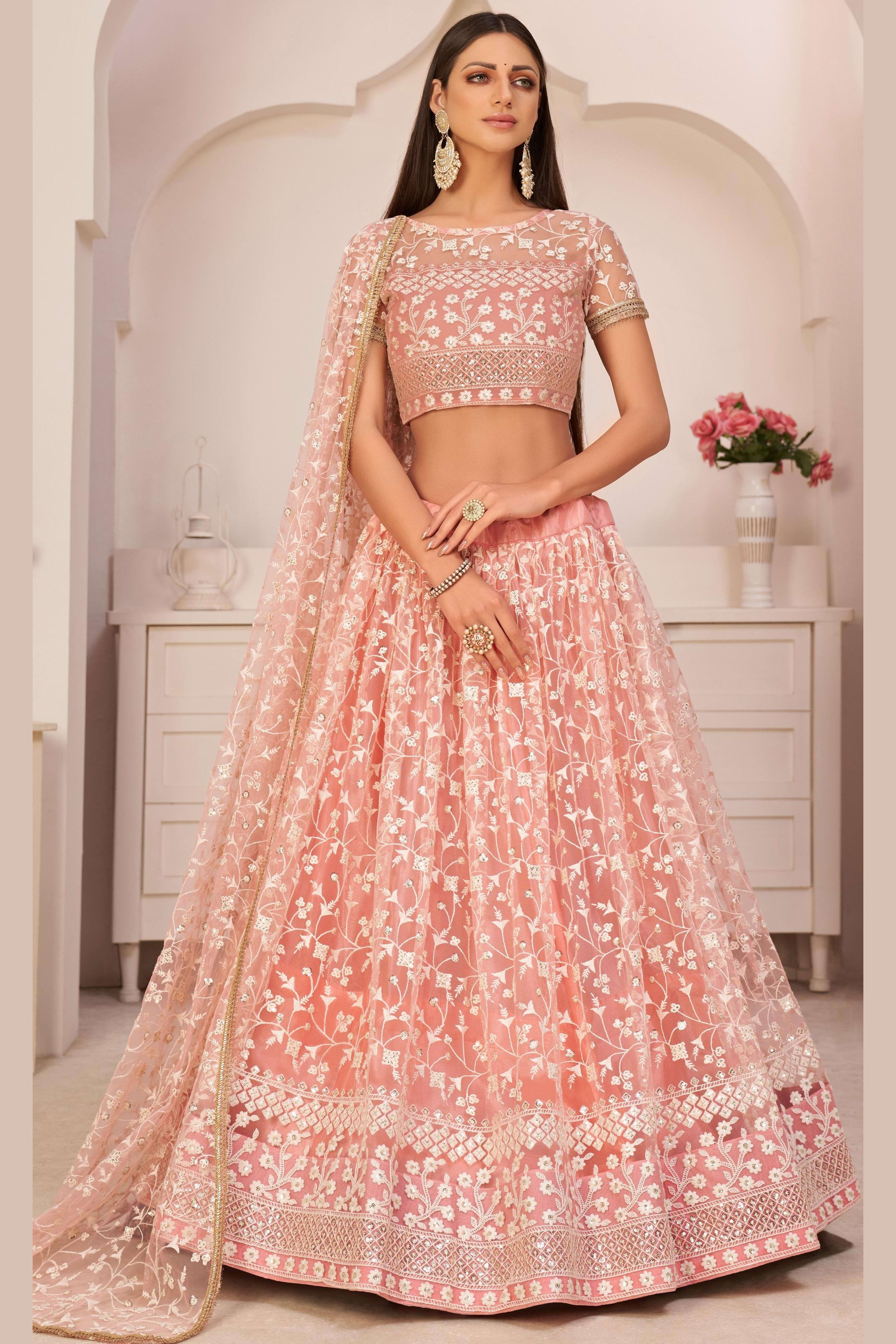 Peach Net Lehenga Choli For Indian & Pakistani Wedding Festival - Thread & Sequins Embroidery Work, Zari Work